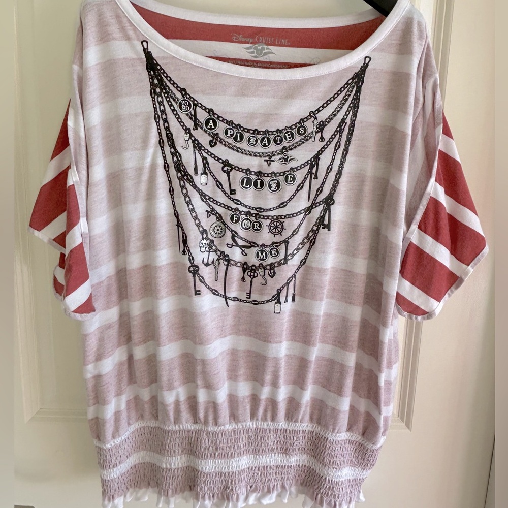 Disney Cruise Line Women's Pirate Red & White Striped Shirt Tied-Sleeves Size L